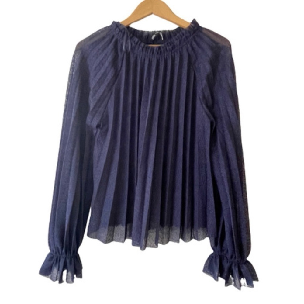 Zara Navy Pleated Bell Sleeve Ruffle Semi Sheer Blouse Patriotic Lightweight